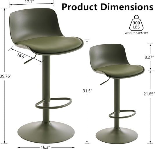 Kidol & Shellder Bar Stools Set of 6 Olive Green Adjustable Swivel Counter Height Stools, Modern PU Leather Upholstered with Back Solid Color Barstools for Kitchen Island