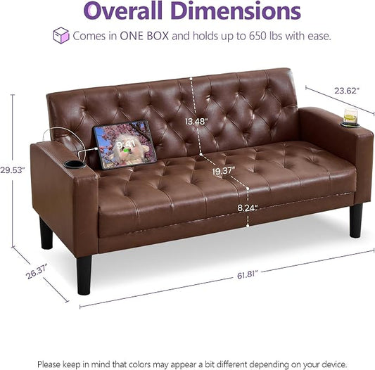 TYBOATLE 62" W Brown Leather Loveseat w/ 2 USB and 2 Cupholders, Mid-Century Modern Tufted Small Love Seat Couches for Office, Living Room, Bedroom, Dorm (1, Brown)
