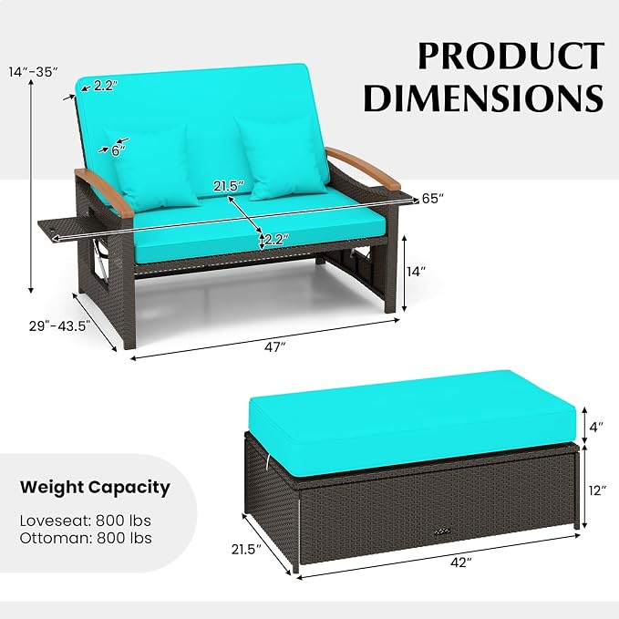 Moccha Outdoor Wicker Daybed, Patio Rattan Loveseat Sofa w/ 4-Level Adjustable Backrest, Folding Panels, Storage Ottoman & Cushions, Lounge Furniture Set for Poolside Backyard Porch (Turquoise)