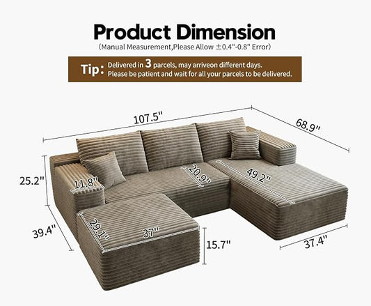 107.5"Cloud Modular Sectional Couch with 1 Ottoman,Modern Minimalist Upholstered Couches, Comfort U Shaped Sofa for Living Room,Deep Seat Corner Couch,No Assembly Required (Camel,Right Facing Chaise)