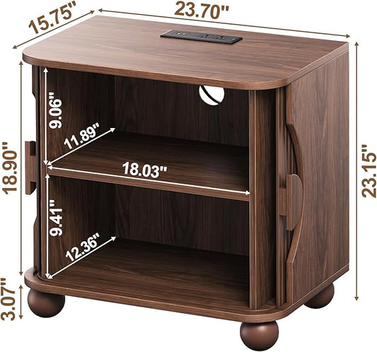 Modern Square Nightstand with Charging Station and Sliding Doors, Modern Bedside Table with Round Wooden Sliding Door Handle, Suitable for Bedroom (Walnut)
