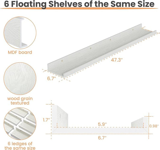 upsimples Floating Shelves for Wall, 47.3 Inch Shelves for Decor Storage Set of 6, Wall Mounted Wood Shelf for Bedroom, Living Room, Bathroom, Kitchen, Long Picture Ledge Shelves, White