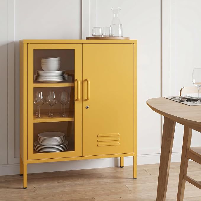 Lockable Metal Storage Locker Adjustable Shelves, 33" H 2-Door Storage Cabinets Durable Metal Sideboard Cabinet for Home Office Living Room Bedroom Yellow