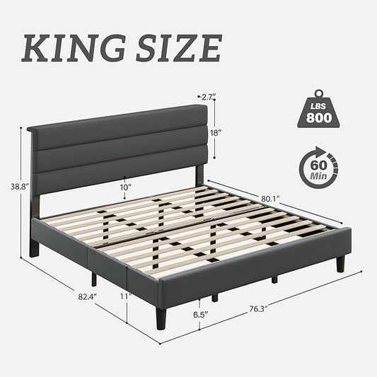 Fluest King Size Bed Frame, Platform Bed Frame with Velvet Upholstered Headboard, No Box Spring Needed, Sturdy Metal Support, Noise Free, Easy Assembly, Grey
