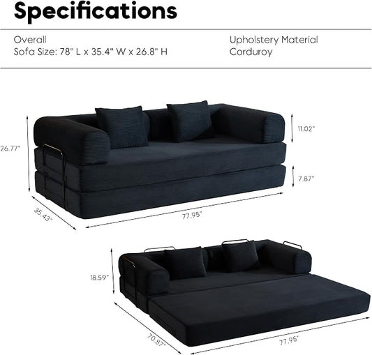 ZEIINPA Convertible Sleeper Sofa Bed with Fixed-Shape Frame, Corduroy Folding Boneless Couch with Cylindrical Pillow, Comfy Floor Sofa Couch for Living Room, No Assembly Required, Black