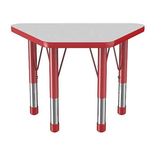 FDP Trapezoid Activity School and Classroom Kids Table (18 x 30 inch), Chunky Toddler Legs for Collaborative Seating Environments, Adjustable Height 15-24 inches - Gray Top and Red Edge