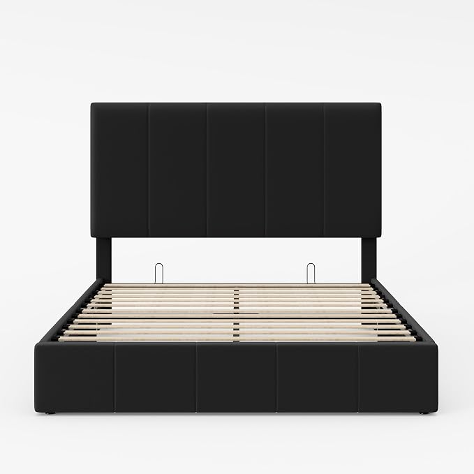 Allewie Full Size Velvet Lift Up Storage Bed Frame, Vertical Channel Tufted Headboard, Hydrualic Underneath Storage, Upholstered Platform Bed, Wooden Slats Support, No Box Spring Needed, Black