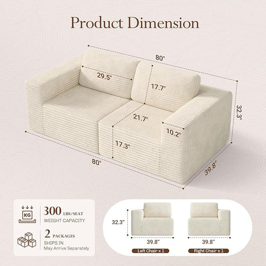 Vesgantti 80" Modular Sectional Sofa, Corduroy Cloud Couch with Deep Seating & Spring Support, 2 Seater Compact Modular Couch, Boneless Sectional Sofa for Small Spaces, No Assembly Required, Beige
