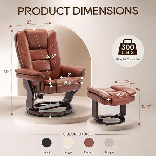 Swivel Recliner Chair with Ottoman Reclining Lounge Sofa Footrest, Set of 1 | 360°Sturdy Wood Base, Soft PU Leather, Upholstered Ultra-Plush Foam, Modern Armchair, Living Room Bedroom Office Reading Home