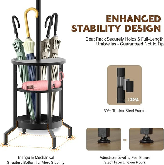 Coat Rack Freestanding, Coat Stand with Umbrella Holder, Metal Coat Tree with 12 Hooks, Coat Hanger Stand for Entryway, Coat Rack Stand for Bedroom, Living Room & Office
