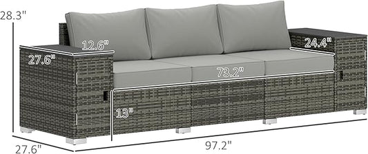 Outsunny 3 Seater Wicker Sofa with 2 Storage Side Tables and Thickened Cushions, Rattan Outdoor Patio Sofa with Wide Armrests, Wicker Outdoor Couch for Porch, Garden, Backyard, Gray