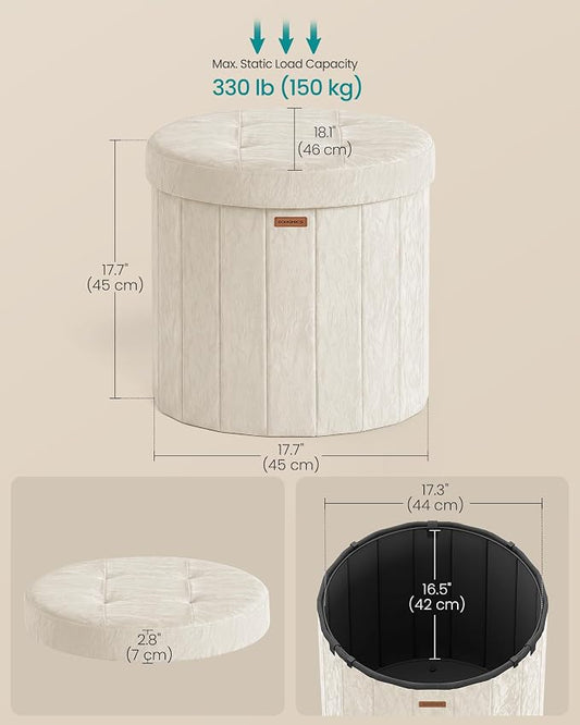 SONGMICS Mazie Collection - Round Storage Ottoman, Folding Footrest Stool with Removable Lid, Easy Assembly, PU Leather Vanity Stool for Bedroom, Living Room, Entryway, Cream White ULSF609WD01