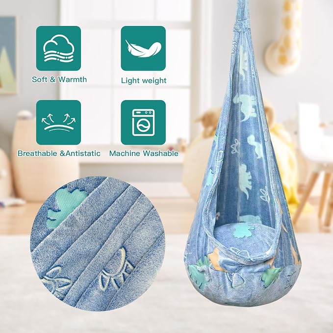 Kids Pod Swing Seat, Flannel Sensory Swing Chair Nightglow with PVC Inflatable Cushion, Hanging Hammock Chair for Indoor&Outdoor Use (Blue (Dinosaur))
