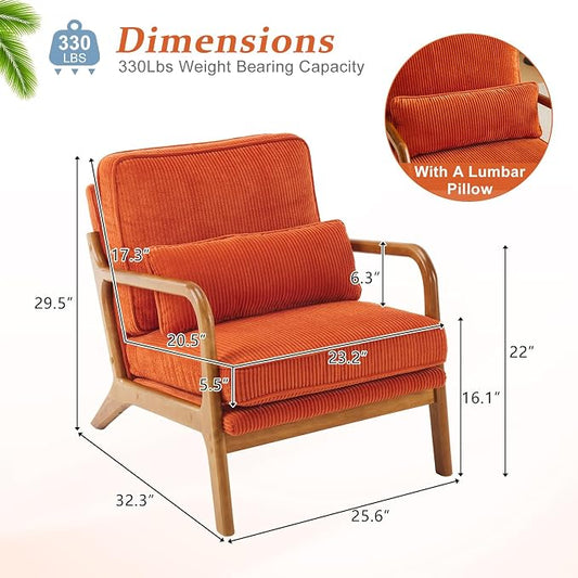 VINGLI Upgraded Premium Corduroy Accent Chair,Upholstered Arm Chair,Solid Wood Comfy Reading Chair with Lumbar Pillow, Mid Century Modern Chairs for Living Room,Bedroom,Burnt Orange