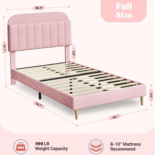 GarveeHome Full Bed Frame with Storage Headboard, Velvet Upholstered Platform Bedframe for Kids, Girl Bed, Strong Wooden Slats, Noise-Free, Easy Assembly, No Box Spring Needed, Pink