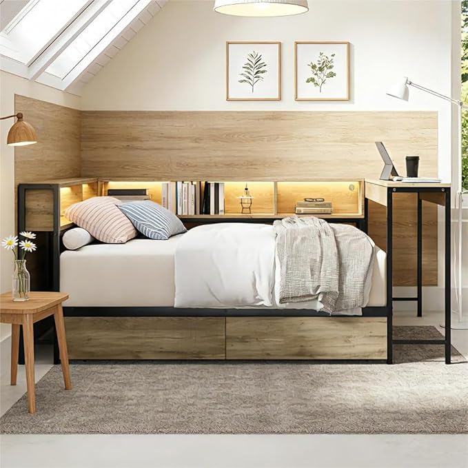 Bellemave Full Size Corner Bed Frame with Storage Bookcase & 2 Drawers, Modern Metal Full Daybed with LED Lights & Charging Station, Reversible Full Corner Bed with Desk for Space-Saving, Grey