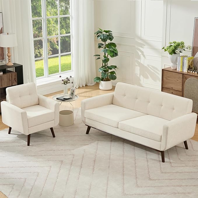 Kingfun Living Room Furniture Sets, Standard & Accent Chair, Mid Century Modern Decor Sofa Couches, Button Tufted Upholstered Furniture, Beige | linen fabric