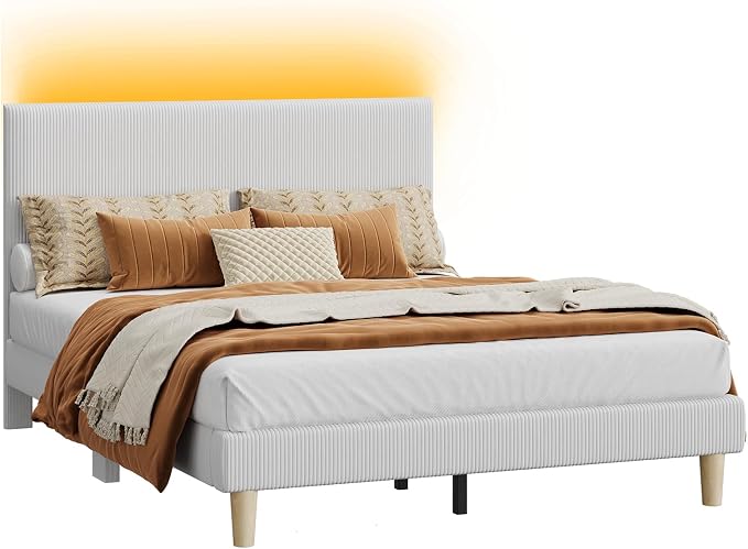 Bestier Queen Bed Frame with Headboard LED Lighting,Upholstered,Light Grey | LED Light Headboard,Easy Assembly,No Squeaks,Vertical Channel Corduroy Upholstered,Wood Slats Support,No Box Spring Needed