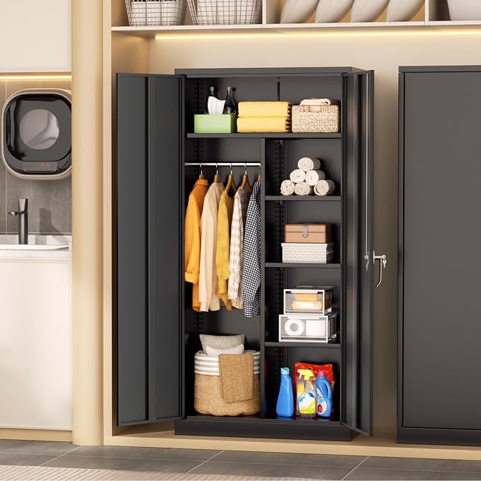 INTERGREAT Metal Wardrobe Cabinets with Lock, 72" Clothing Storage Cabinets with Hanging Rod and 4 Adjustable Shelves, Armoire Wardrobe for Office, School, Employee, Government, Black