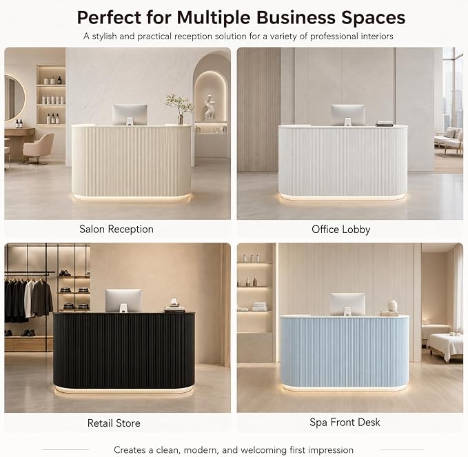 Modern Reception Desk, Reception Desk with Counter for Office and Salon | Power Outlet Lockable Cabinet Keyboard Tray Privacy Panel Cable Grommet Open Storage Storage Cabinet