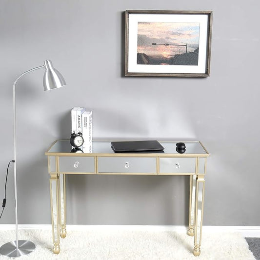VINGLI Mirrored Vanity Desk with 3 Drawers, Multifunctional Home Office Desks, Modern Console/Sofa/Makeup Desk for Bedroom/Living Room/Entryway, Gold