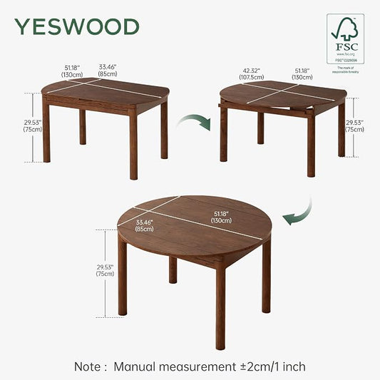 YESWOOD 33.5''-51.2'' Extendable Round Dining Table for 4-8, 100% Solid Oak Expandable Kitchen Table with Removable Leaves, Modern Wood Space Saving Dinner Table for Dining Room, Living Room, Walnut