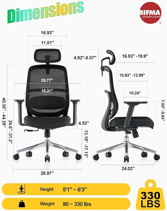 Ergonomic Office Chair, Home Office Desk Chairs, 3D Lumbar Support High Back Desk Chair, Comfortable Computer Chair & Gaming Chair for Office & Home - Black