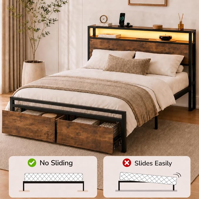 Zevemomo Full Size Bed Frame with Storage Drawers, Bed Frame Full Size with Headboard, LED Light, Charging Station with 3 USB Ports & 1 Type-C Port, Noiseless, Rustic Brown