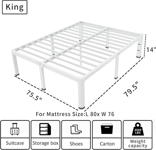 ROIL 14 Inch White King Bed Frame with Rounded Corner and Headboard Hole Mattress Retainers 3500LBS Heavy Duty Steel Slats No Box Spring Needed Platform Noise-Free Easy Assembly