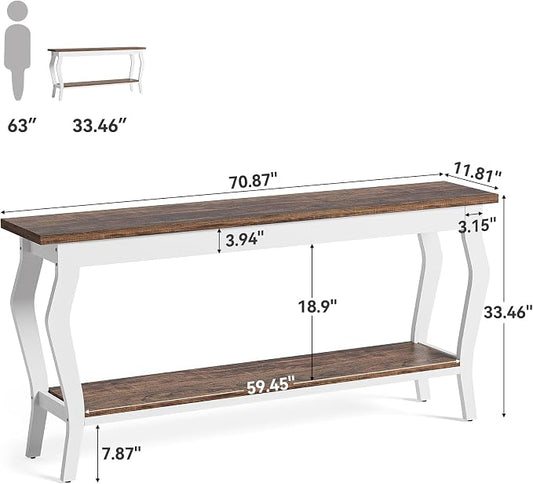 LITTLE TREE 70.9 Inches Long Console Table, 2-Tier Vintage Wooden Sofa Table Behind The Couch with Metal Legs for Hallway, Entryway, Living Room, Brown & White