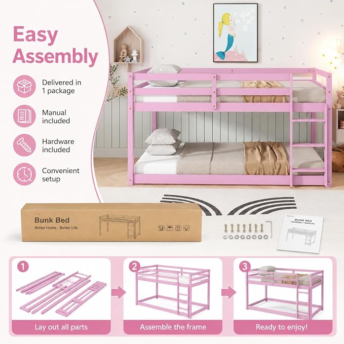 Twin Over Twin Bunk Bed, Low Profile Wooden Frame for Kids Bedroom, Floor Bunk with Ladder and Guardrails, Rubber Wood Construction, 13 Plywood Slats, No Box Spring Needed (Pink)