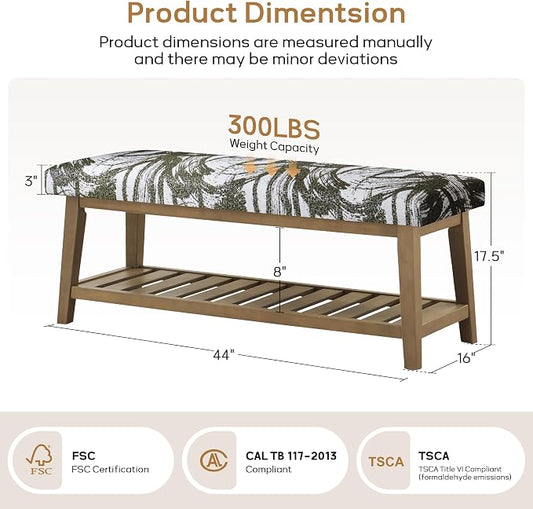 Entryway Bench with Cushion, Upholstered Shoe Rack Bench with Solid Wood Shelf, 44" End of Bed Bench for Bedroom, Chenille Fabric Storage Bench for Entryway, Hallway, Living Room (Textured Green)