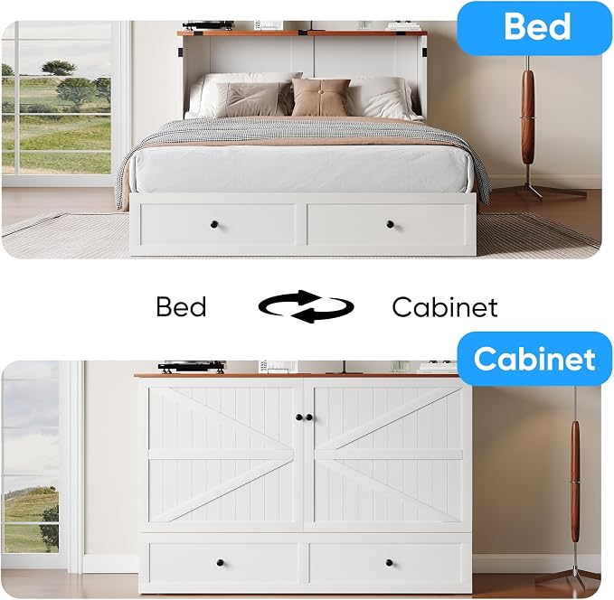PUREMIND Murphy Bed Queen, Farmhouse Frames Cabinet Beds Chest with Charging Station & Storage Drawers, Convertible Hideaway Cabinet Bed for Guest Room, White, Without Mattress