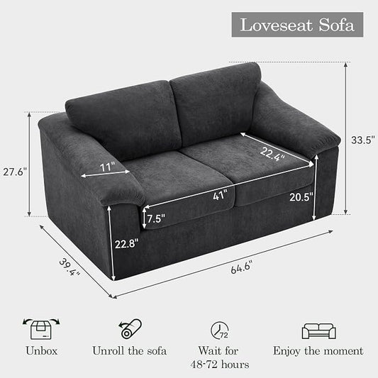 Boneless Loveseat Sofa, Modern Cloud Couch with Deep Seat, Thick Cushion and Curved Armrests, Upholstered Sofa for Living Room, No Assembly Required, Dark Gray