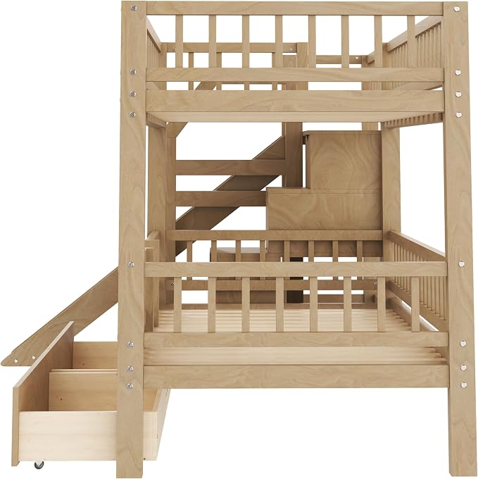 RUNNA Twin Over Twin Bunk Bed with Slide,Storage Drawers,Walnut | Built for kids who play hard and parents who hate clutter. Sturdy wood, safety rails & easy-access drawers—one bed, zero mess