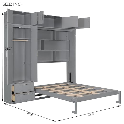 Murphy Bed Queen Size,Murphy Bed with Top Cabinet and Shelves,Space-Saving Multifunctional Hideaway Wall Foldable Bed w/Slat Support,Bedroom Folding Bedframe for Guest Room,Gray