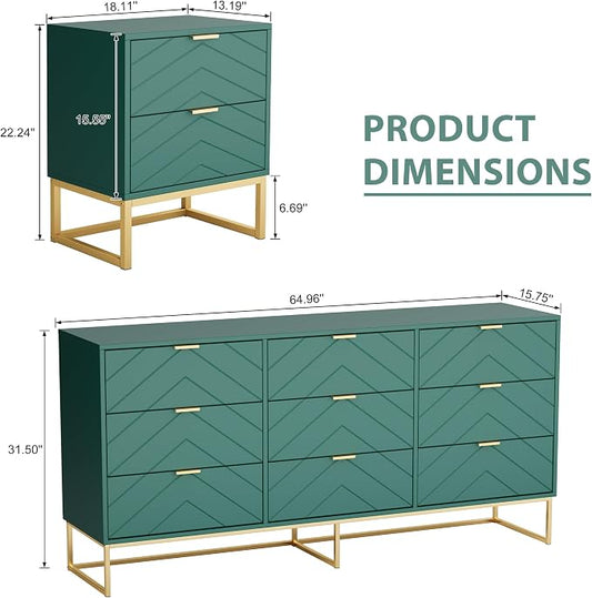 Anbuy 9 Drawer Dresser and Nightstand Sets for Bedroom, Night Stand Set of 2 & 9 Drawer Dresser with Gold Handles, 3 Pieces Bedroom Sets, Morden Wood Chest of Drawers Storage Cabinet Set, Green