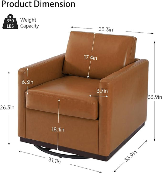 360° Swivel Accent Chairs Set of 2, 31" Wide Faux Leather Upholstered Club Armchairs for Living Room, Comfy Square Swivel Barrel Chair with Metal Base, Light Brown