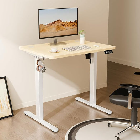 ERGOMAKER Electric Standing Desk, 31.5" x 23.6" Height Adjustable Sit Stand Desk with Splice Board for Home Office, Computer Desk Memory Preset (White Frame, Gold Oak Desktop)