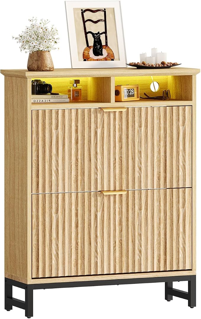 Fluted Shoe Storage Cabinet with 2 Flip Drawers, 31.5" Narrow Shoe Organizer Cabinet with LED Light, Slim Freestanding Shoe Rack Cabinet, Wooden Hidden Shoe Cabinet for Entryway, Hallway(Natural Oak)