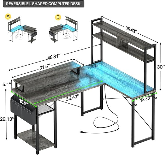 Aheaplus Small L Shaped Gaming Desk with LED Lights & Power Outlets, Reversible L-Shaped Computer Desk with Monitor Stand & Storage Shelf, Corner Desks Home Office Desk with Storage Bag, Grey Oak