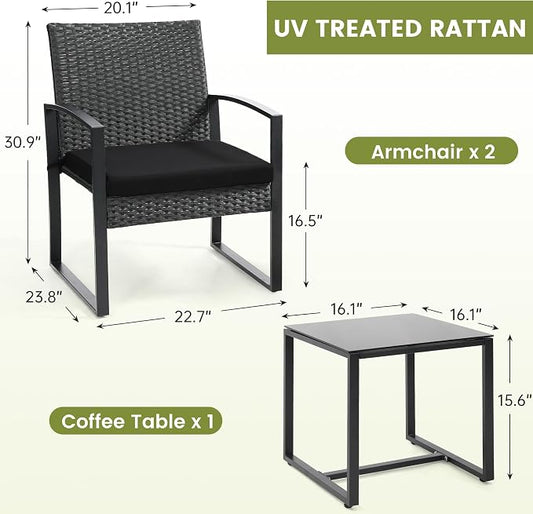 Murago Outdoor 3-Piece Wicker Bistro Set, Rattan Patio Conversation Set with Coffee Table, for Backyard Garden Poolside, Black Frame & Black Cushion