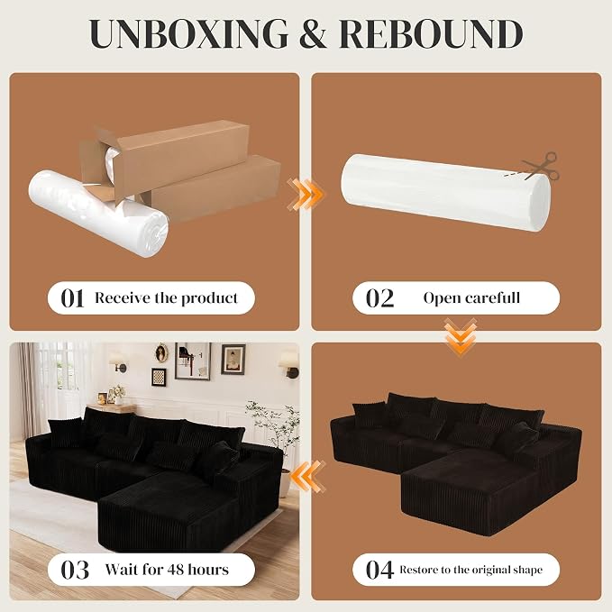 110" L Shaped Cloud Boneless Sectional Couches for Living Room, Modern Comfy Modular Deep Seat Memory Foam Compressed Corduroy Sofa Oversized Right Facing Chaise, No Assembly Required, Balck