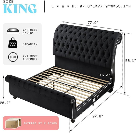AMERLIFE 55" Tall Sleigh Bed Frame with Scroll Headboard & Footboard, Velvet Upholstered Platform Bed with Deep Button Tufted, Solid Wood Legs, No Box Spring Needed (Black, King)
