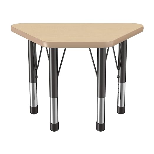 FDP Trapezoid Activity School and Classroom Kids Table (18 x 30 inch), Chunky Toddler Legs for Collaborative Seating Environments, Adjustable Height 15-24 inches - Maple Top and Maple Edge