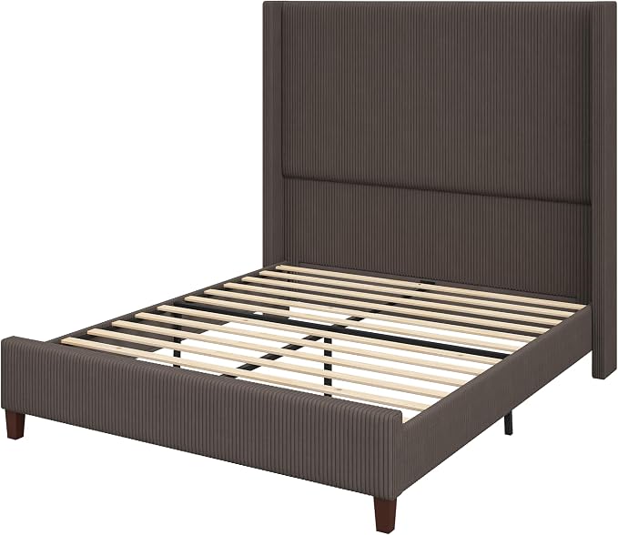 AMERLIFE Queen Size 62" Corduroy Upholstered Bed Frame, Luxurious Platform Bed with Extra Tall Wingback Headboard and Vertical Stripe, No Box Spring Needed/Solid Wood Slats & Legs/Chestnut