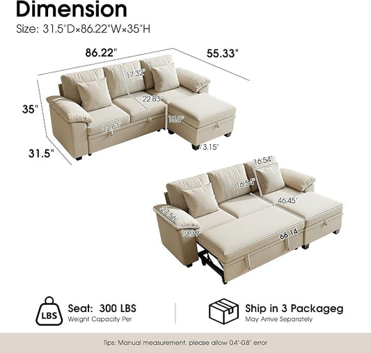 86" Modular Sectional Sleeper Sofa Bed, L Shaped 4 Seat Pull Out Couch with Storage Ottoman, Convertible Cloud Couch Bed, Sectional Couches for Living Room, Apartment (Sand)