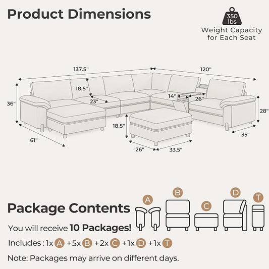 SITJOY Large Cloud Couch, 138" Wide 6 Seater V Shaped with Console, White | Pet-Friendly Scratch-Resistant Leather Sectional Sofas for Living Room, Deep Seat Wide Couch with Chaise, Storage Ottoman