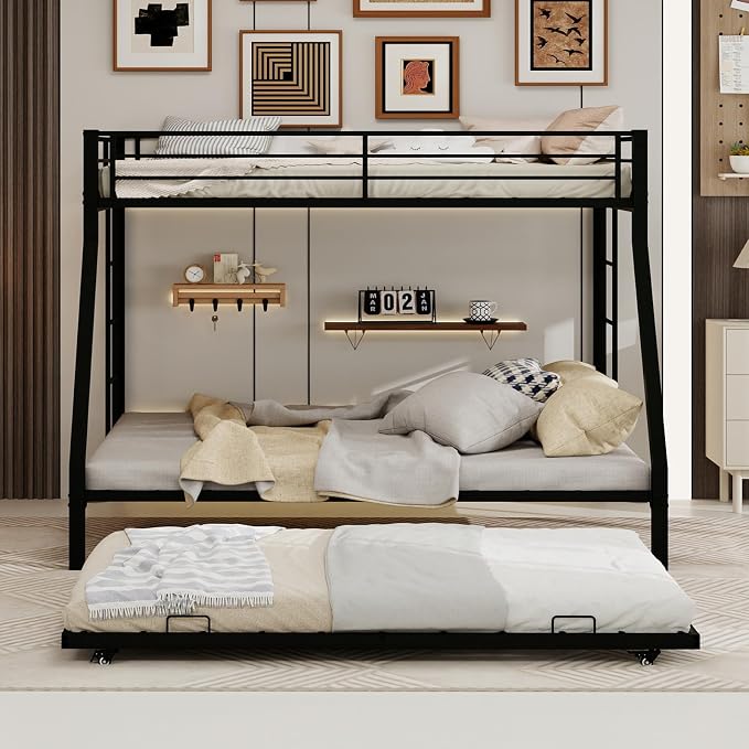 Metal Bunk Bed with Trundle, Space-Saving Bunk Bed Twin Over Full with Ladders and Safety Guardrail, Heavy Duty Twin Bed Frames, No Box Spring Needed and Noise Free(Black)