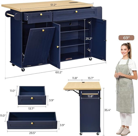 60.2" Kitchen Islands with Storage, Rolling Island Table with Trash Can Storage Cabinet, Mobile Island Cart with Drop Leaf & Power Outlet & Spice Rack & Towel Rack & Knife Holder, Blue